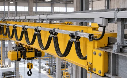 Ponte rolante com cabos suspensos em carros porta-cabos do sistema Festoon e calha de barramento blindado em galpão industrial.