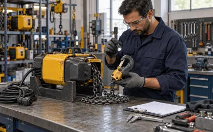 Técnico com luvas e óculos de proteção inspeciona com uma lanterna o gancho de uma talha elétrica de corrente em bancada.