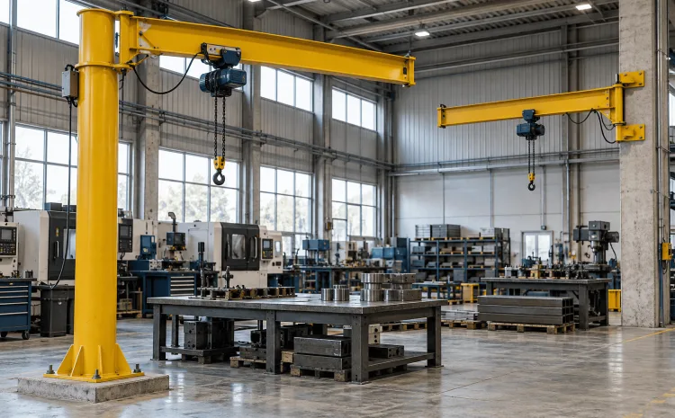 Braço giratório de coluna fixado ao piso e modelo de parede instalado em pilar, ambos com talhas de corrente em ambiente industrial.