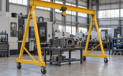 Guindaste pórtico móvel amarelo com rodízios e talha manual de corrente sobre uma bancada em oficina industrial.